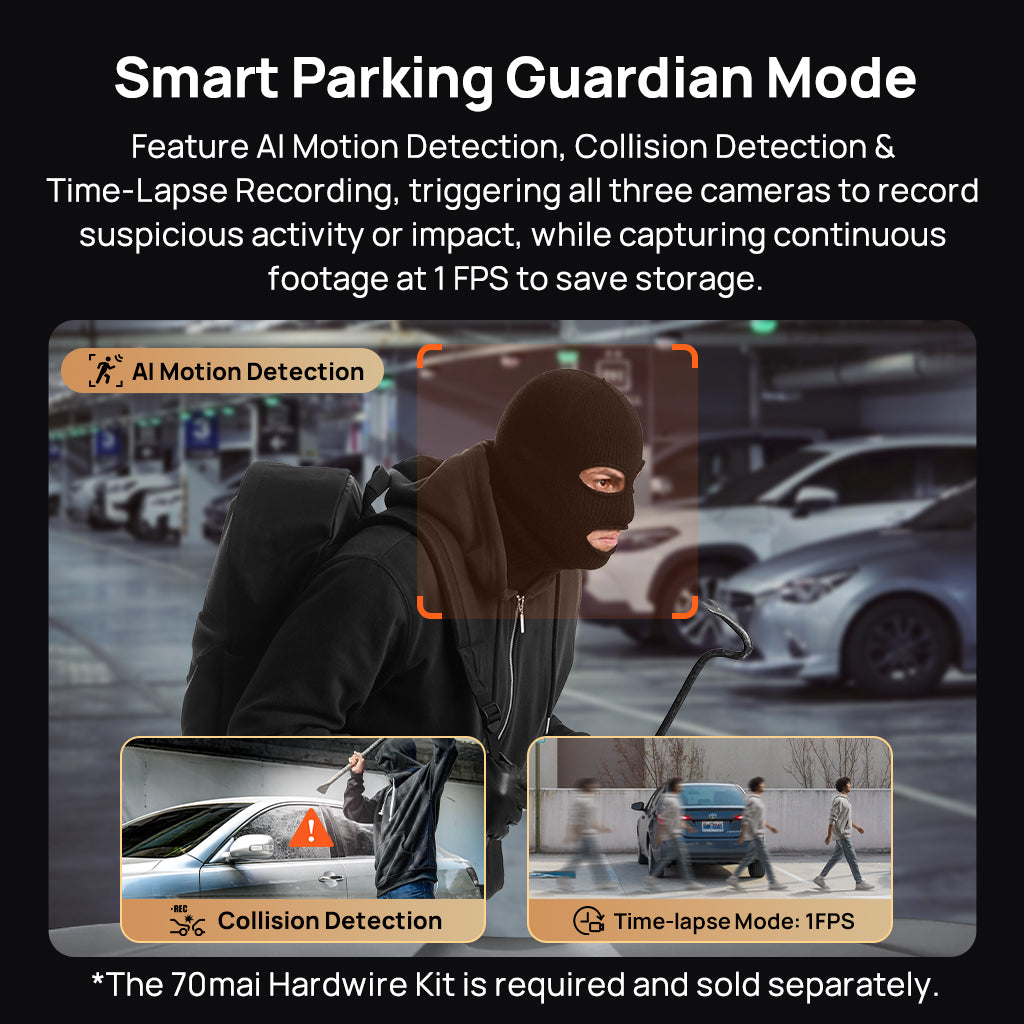 70mai Dash Cam 4K T800 3-Channel w/ Dual 4K, STARVIS 2 IMX678, HDR Night Vision, AI Detection, Emergency Record, 4G LTE & Supercapacitor