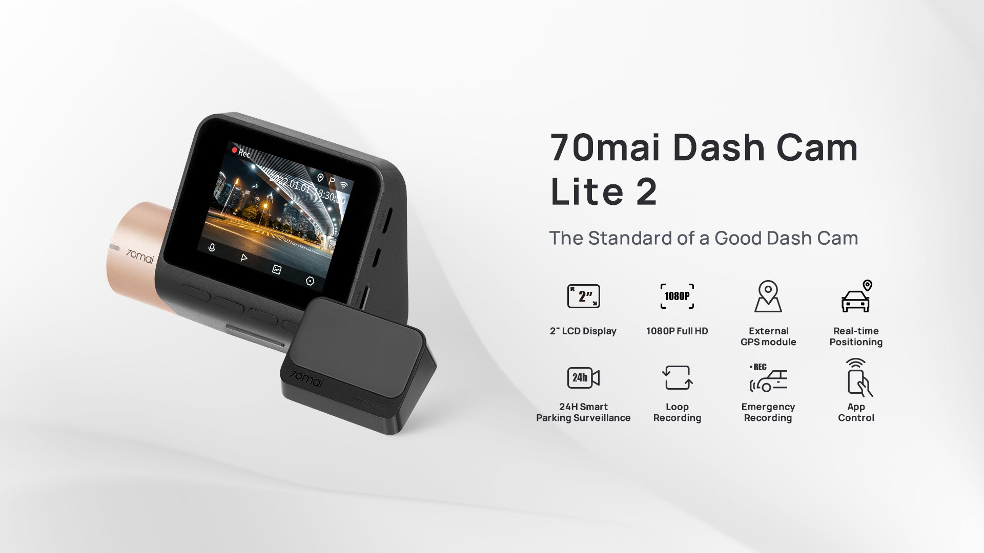70mai Lite 2 Dash Cam 1080p HD Driving Assistant with 2 LCD Screen+GPS+UP02