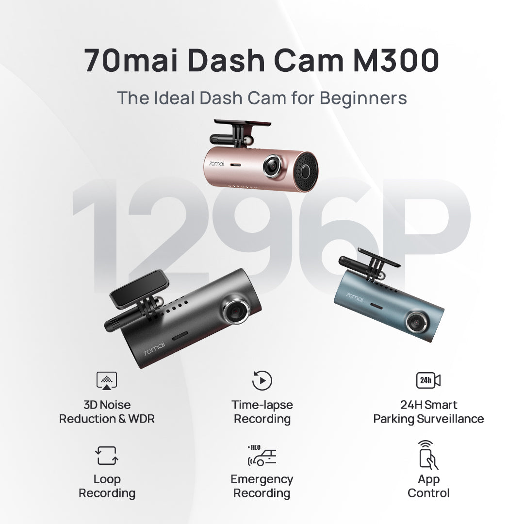 70mai Dash Cam M300, 1296P QHD, Built in WiFi Smart Dash Camera for Cars,  140°