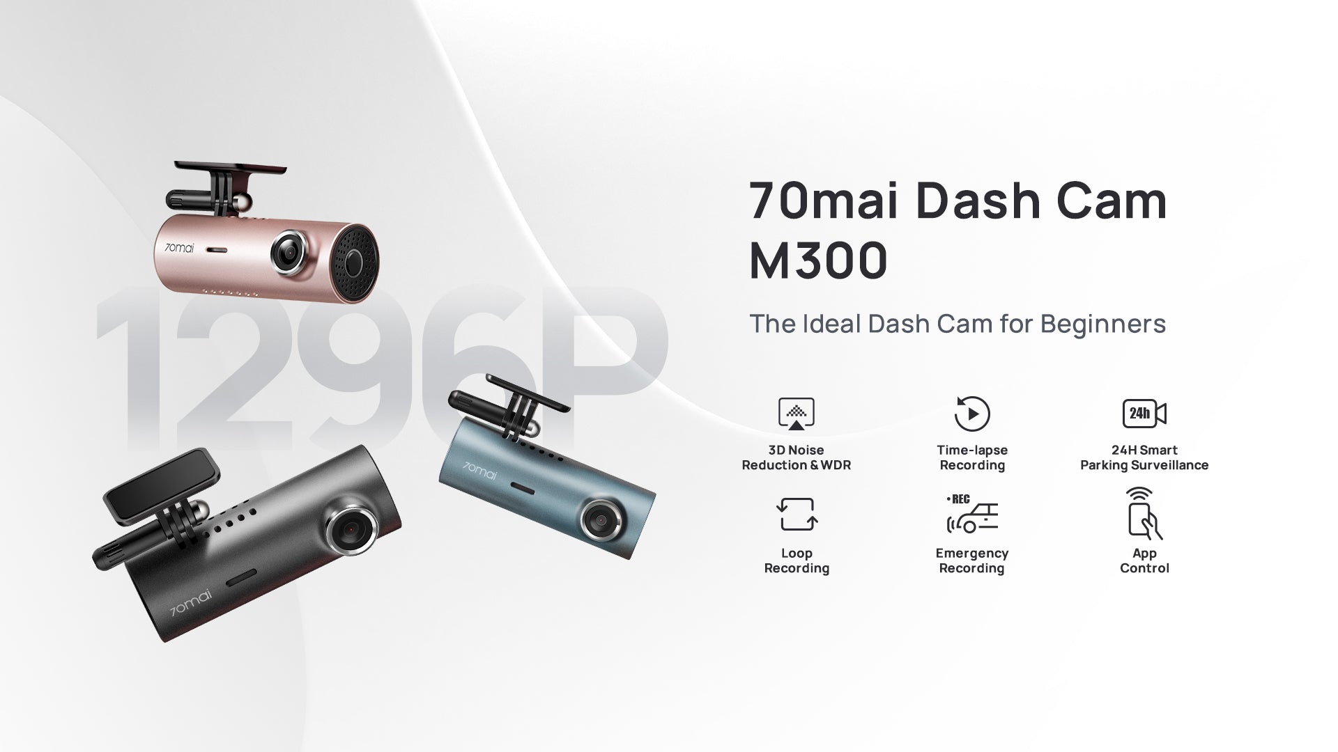 70mai Dash Cam M300, 1296P QHD, Built in WiFi Smart Dash Camera for Cars,  140° Wide-Angle FOV, WDR, Night Vision, iOS/Android Mobile App