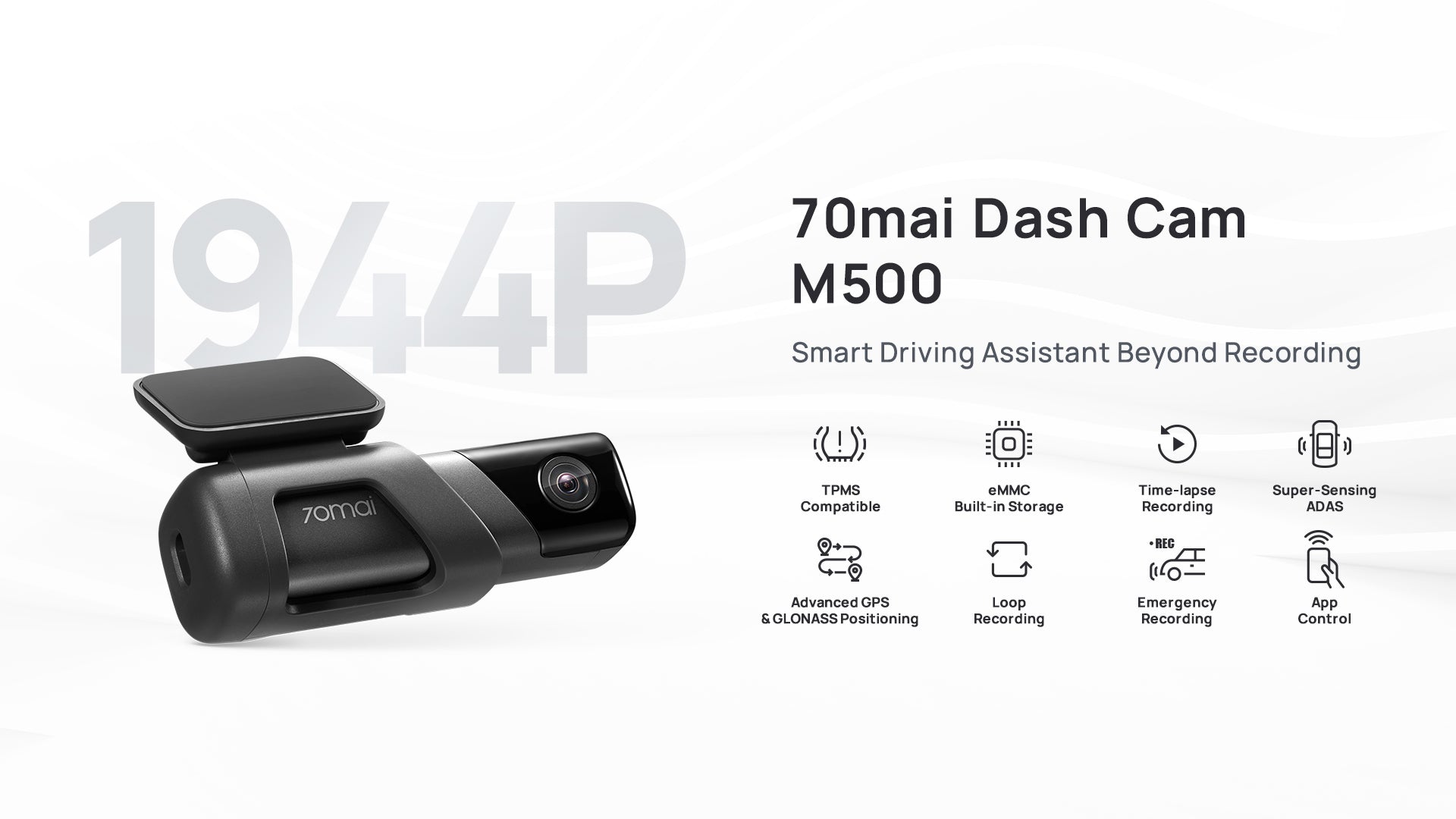 70mai M500 DashCam, 1944P Resolution, GPS, Extended ADAS, Voice Control,  170° Wide Angle, eMMC Storage, Driving Data Overlay, Wi-Fi, App Control