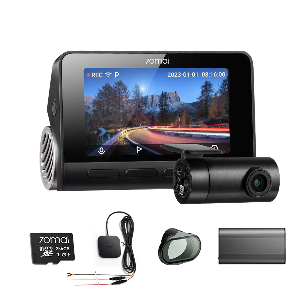 A810 Bundle: Front Cam + Rear Cam + Memory Card + Hardwire Kit + CPL Filter + Battery Pack